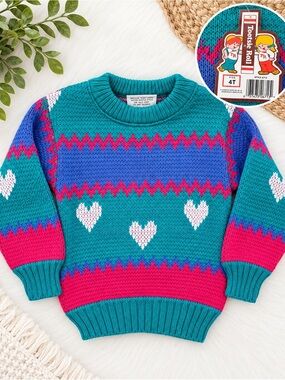 New Vintage Tootsie Roll Toddler Girl Color block Acrylic Sweater 4T Teal Pink